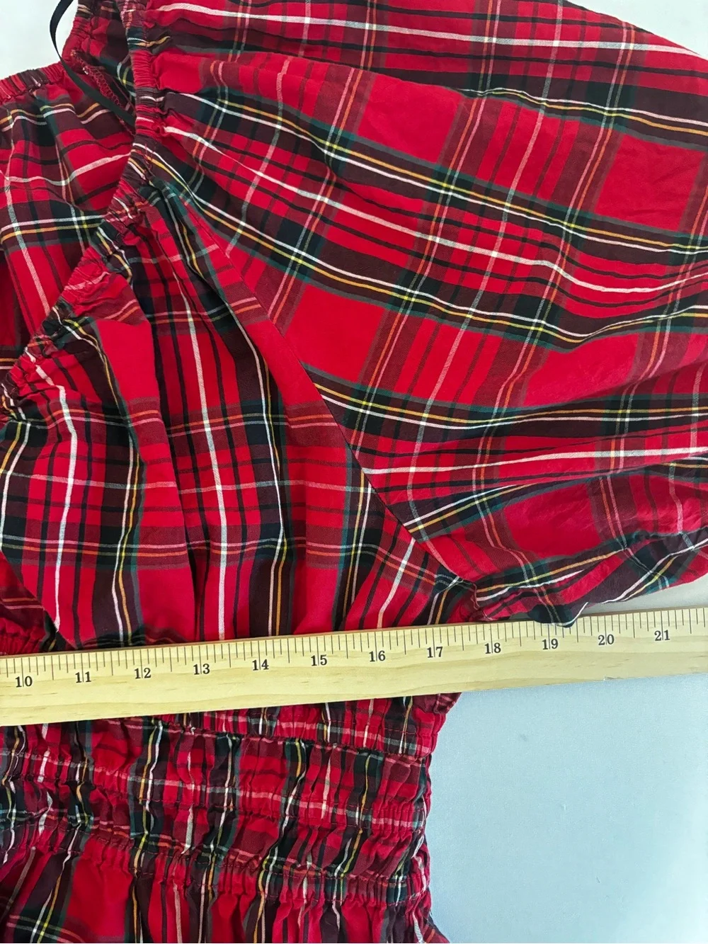 Old Navy Red Tartan Plaid Puff Sleeve Smocked Peplum Top Size L Cottagecore